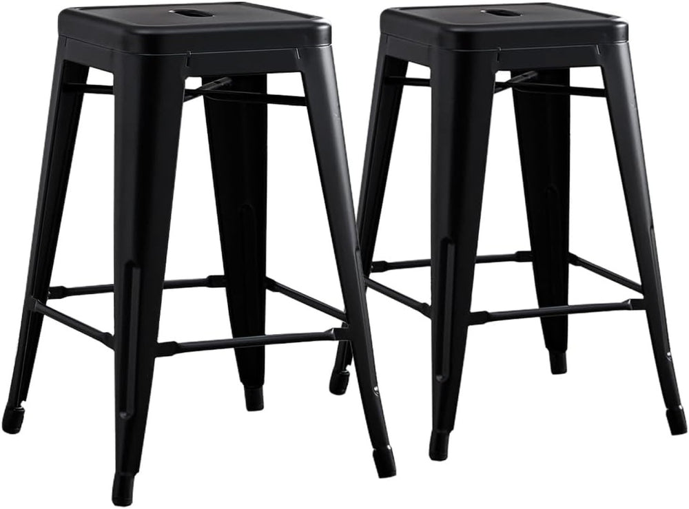 English Elm Contemporary Matte Black Metal Backless Barstools Stackable Industrial Set of 2 B347P341076
