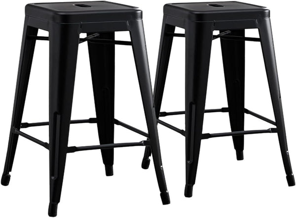 English Elm Contemporary Matte Black Metal Backless Barstools Stackable Industrial Set of 2 B347P341076