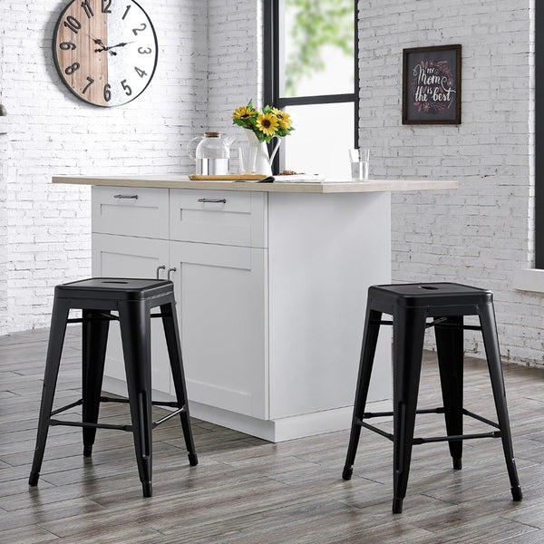 English Elm Contemporary Matte Black Metal Backless Barstools Stackable Industrial Set of 2 B347P341076