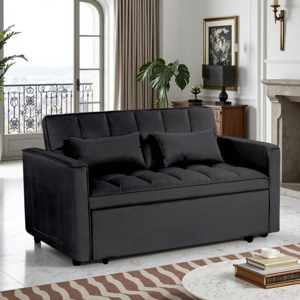 English Elm Modern Velvet 2 Seat Pull Out Sleeper Sofa Solid Wood Frame for Small Spaces Black B347P426001
