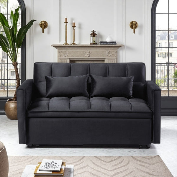 English Elm Modern Velvet 2 Seat Pull Out Sleeper Sofa Solid Wood Frame for Small Spaces Black B347P426001