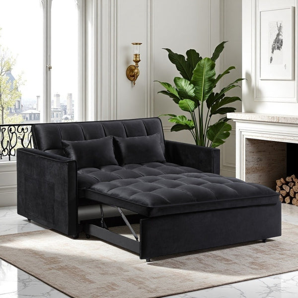 English Elm Modern Velvet 2 Seat Pull Out Sleeper Sofa Solid Wood Frame for Small Spaces Black B347P426001