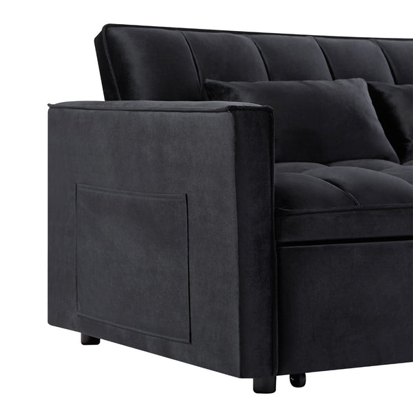 English Elm Modern Velvet 2 Seat Pull Out Sleeper Sofa Solid Wood Frame for Small Spaces Black B347P426001