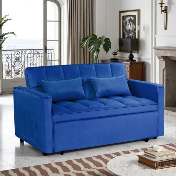 English Elm Modern Velvet 2 Seat Pull Out Sleeper Sofa Solid Wood Frame for Small Spaces Dark Blue B347P426088
