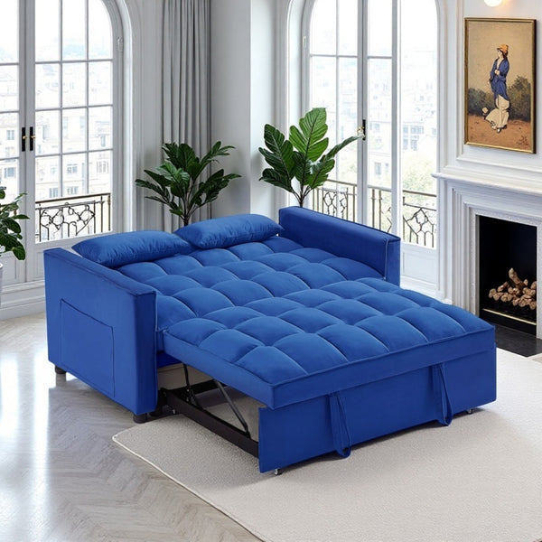 English Elm Modern Velvet 2 Seat Pull Out Sleeper Sofa Solid Wood Frame for Small Spaces Dark Blue B347P426088
