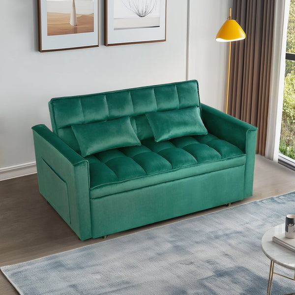 English Elm Modern Velvet 2 Seat Pull Out Sleeper Sofa Solid Wood Frame for Small Spaces Green B347P426096