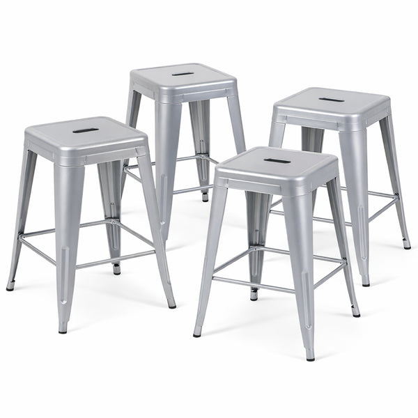 English Elm 24 Inch Backless Metal Counterstools Set of 4 Industrial Powder Coated Kitchen Bar Seats Antique Silver B347P470428