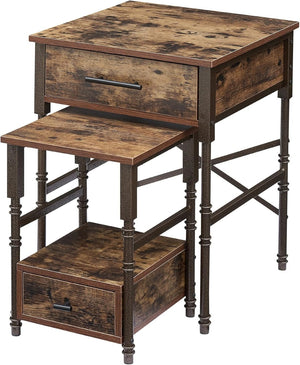English Elm Nesting End Tables Set of Two with Drawers Wood Top Metal Frame for Living Room B347P484732
