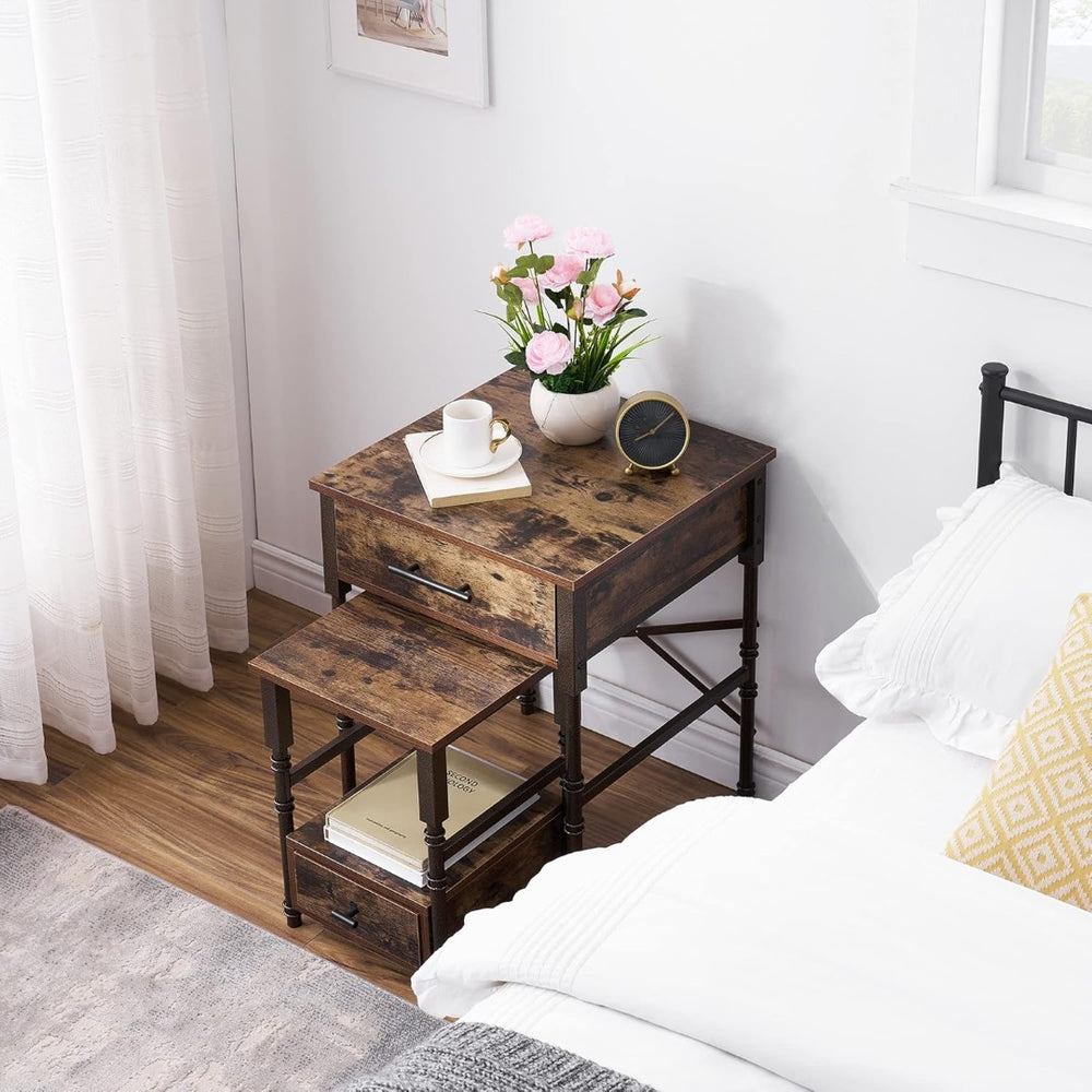 English Elm Nesting End Tables Set of Two with Drawers Wood Top Metal Frame for Living Room B347P484732