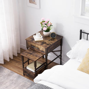 English Elm Nesting End Tables Set of Two with Drawers Wood Top Metal Frame for Living Room B347P484732