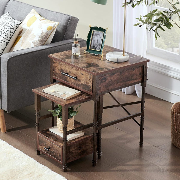 English Elm Nesting End Tables Set of Two with Drawers Wood Top Metal Frame for Living Room B347P484732