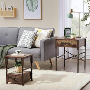 English Elm Nesting End Tables Set of Two with Drawers Wood Top Metal Frame for Living Room B347P484732