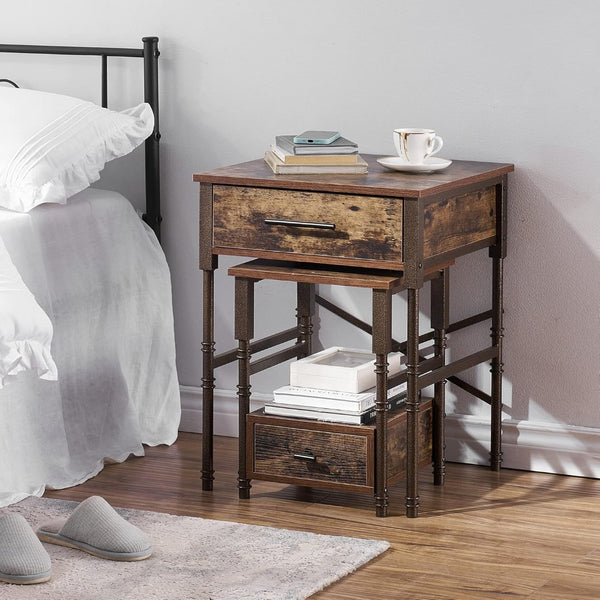 English Elm Nesting End Tables Set of Two with Drawers Wood Top Metal Frame for Living Room B347P484732