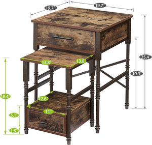 English Elm Nesting End Tables Set of Two with Drawers Wood Top Metal Frame for Living Room B347P484732
