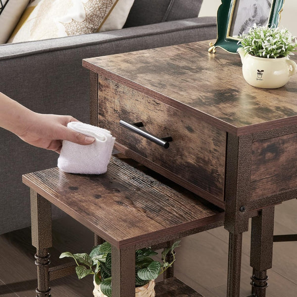 English Elm Nesting End Tables Set of Two with Drawers Wood Top Metal Frame for Living Room B347P484732