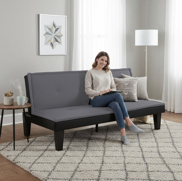 English Elm Convertible Futon Sofa Bed Faux Suede Upholstered Reclining Couch for Studio Apartments Dark Gray B347P505185