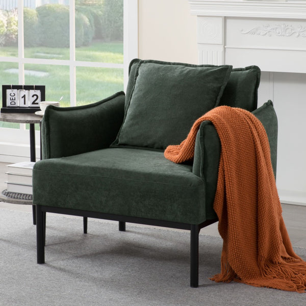 English Elm Dark Green Upholstered Lounge Chair Curved Arms Foam Cushion with Decorative Pillow B347P514702