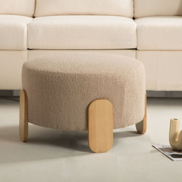 English Elm 24.8" Round Teddy Fabric Ottoman with Solid Wood Legs for Living Room or Office B347P515691