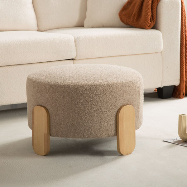 English Elm 24.8" Round Teddy Fabric Ottoman with Solid Wood Legs for Living Room or Office B347P515691