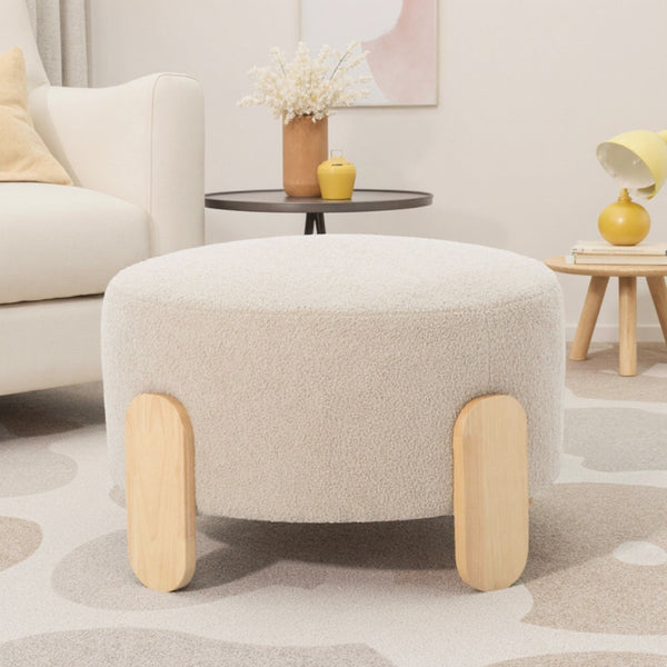 English Elm 24.8" Round Teddy Fabric Ottoman with Solid Wood Legs for Living Room or Office B347P515691