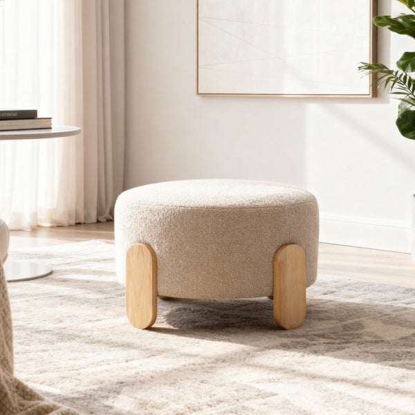 English Elm 24.8" Round Teddy Fabric Ottoman with Solid Wood Legs for Living Room or Office B347P515691
