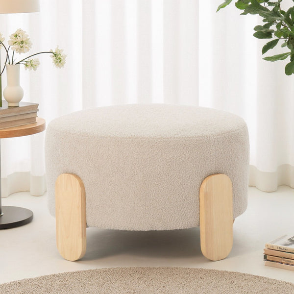 English Elm 24.8" Round Teddy Fabric Ottoman with Solid Wood Legs for Living Room or Office B347P515691