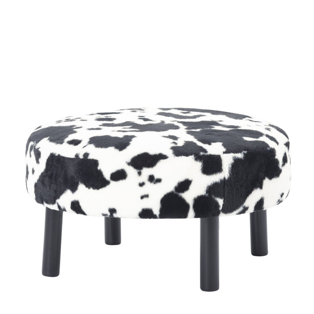 English Elm 27.56" Round Faux Rabbit Fur Ottoman Plush Footrest with Solid Wood Legs for Living Room Black White B347P515714