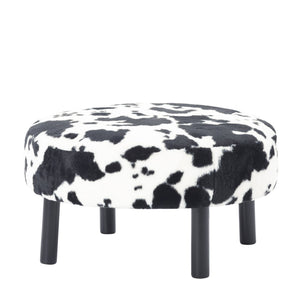 English Elm 27.56" Round Faux Rabbit Fur Ottoman Plush Footrest with Solid Wood Legs for Living Room Black White B347P515714