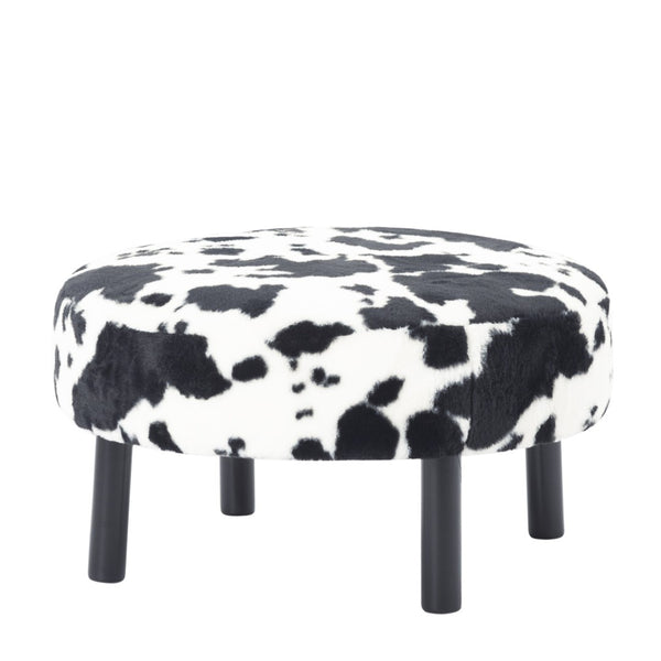 English Elm 27.56" Round Faux Rabbit Fur Ottoman Plush Footrest with Solid Wood Legs for Living Room Black White B347P515714