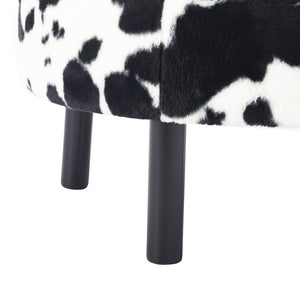 English Elm 27.56" Round Faux Rabbit Fur Ottoman Plush Footrest with Solid Wood Legs for Living Room Black White B347P515714