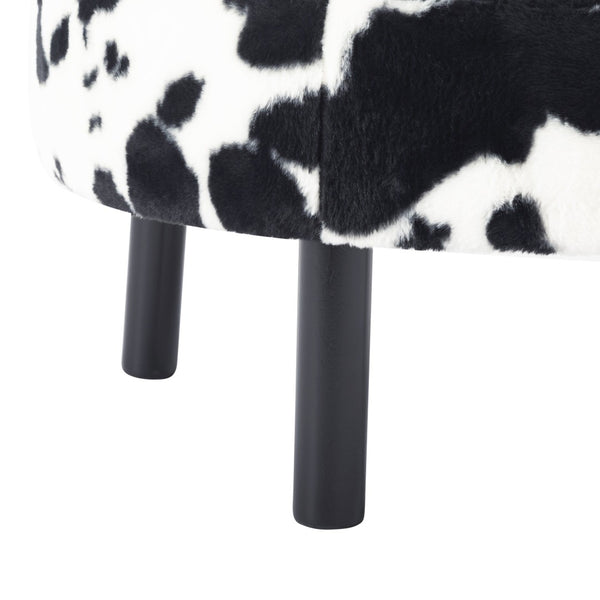 English Elm 27.56" Round Faux Rabbit Fur Ottoman Plush Footrest with Solid Wood Legs for Living Room Black White B347P515714
