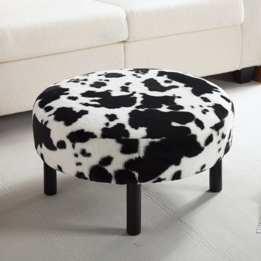 English Elm 27.56" Round Faux Rabbit Fur Ottoman Plush Footrest with Solid Wood Legs for Living Room Black White B347P515714