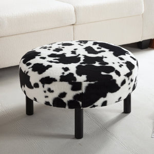 English Elm 27.56" Round Faux Rabbit Fur Ottoman Plush Footrest with Solid Wood Legs for Living Room Black White B347P515714