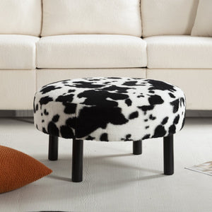 English Elm 27.56" Round Faux Rabbit Fur Ottoman Plush Footrest with Solid Wood Legs for Living Room Black White B347P515714