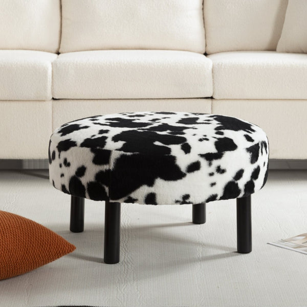 English Elm 27.56" Round Faux Rabbit Fur Ottoman Plush Footrest with Solid Wood Legs for Living Room Black White B347P515714