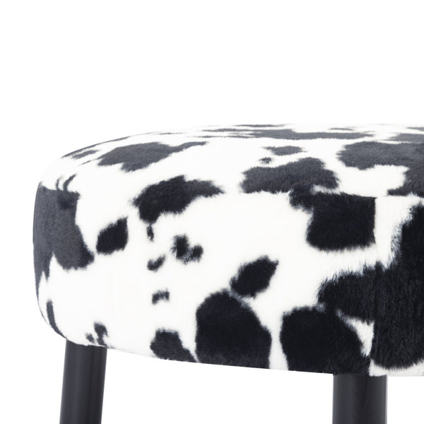 English Elm 27.56" Round Faux Rabbit Fur Ottoman Plush Footrest with Solid Wood Legs for Living Room Black White B347P515714