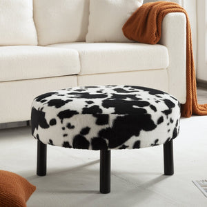English Elm 27.56" Round Faux Rabbit Fur Ottoman Plush Footrest with Solid Wood Legs for Living Room Black White B347P515714