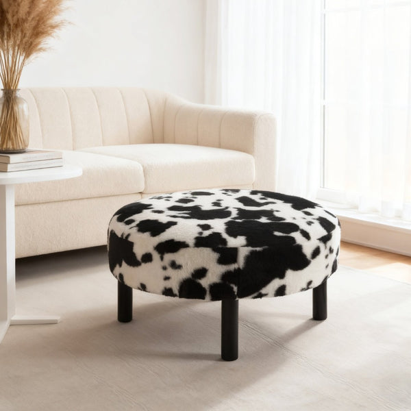 English Elm 27.56" Round Faux Rabbit Fur Ottoman Plush Footrest with Solid Wood Legs for Living Room Black White B347P515714