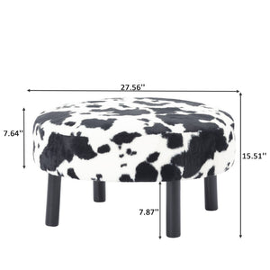 English Elm 27.56" Round Faux Rabbit Fur Ottoman Plush Footrest with Solid Wood Legs for Living Room Black White B347P515714