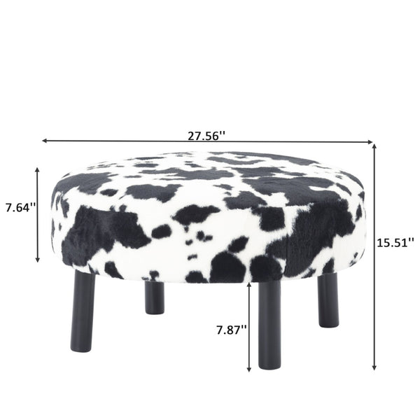 English Elm 27.56" Round Faux Rabbit Fur Ottoman Plush Footrest with Solid Wood Legs for Living Room Black White B347P515714