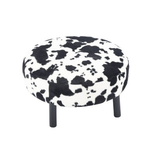English Elm 27.56" Round Faux Rabbit Fur Ottoman Plush Footrest with Solid Wood Legs for Living Room Black White B347P515714