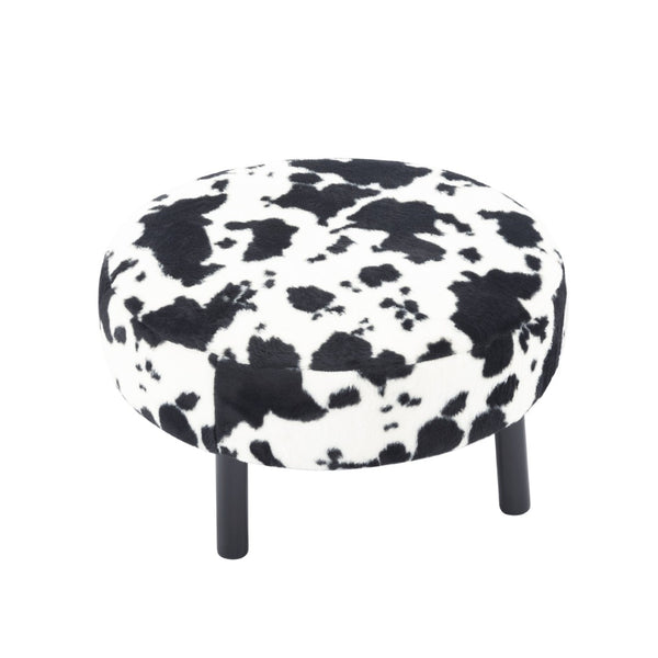 English Elm 27.56" Round Faux Rabbit Fur Ottoman Plush Footrest with Solid Wood Legs for Living Room Black White B347P515714