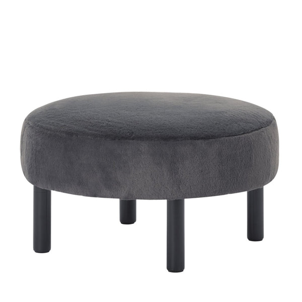 English Elm 27.56" Round Faux Rabbit Fur Ottoman Plush Footrest with Solid Wood Legs for Living Room Dark Gray B347P515715