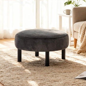 English Elm 27.56" Round Faux Rabbit Fur Ottoman Plush Footrest with Solid Wood Legs for Living Room Dark Gray B347P515715
