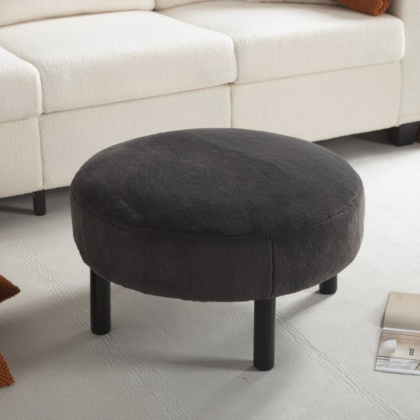 English Elm 27.56" Round Faux Rabbit Fur Ottoman Plush Footrest with Solid Wood Legs for Living Room Dark Gray B347P515715