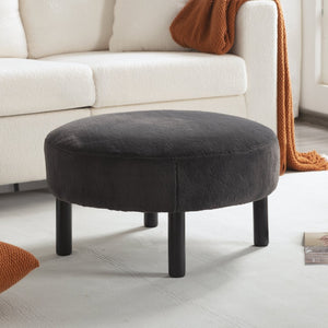 English Elm 27.56" Round Faux Rabbit Fur Ottoman Plush Footrest with Solid Wood Legs for Living Room Dark Gray B347P515715