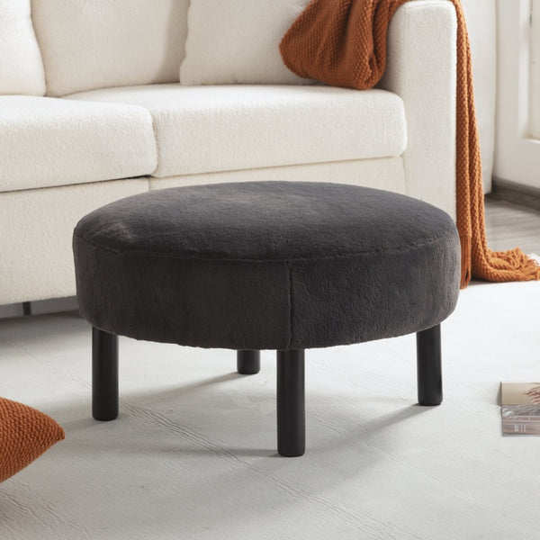 English Elm 27.56" Round Faux Rabbit Fur Ottoman Plush Footrest with Solid Wood Legs for Living Room Dark Gray B347P515715