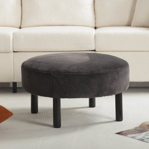 English Elm 27.56" Round Faux Rabbit Fur Ottoman Plush Footrest with Solid Wood Legs for Living Room Dark Gray B347P515715