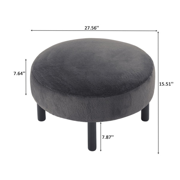 English Elm 27.56" Round Faux Rabbit Fur Ottoman Plush Footrest with Solid Wood Legs for Living Room Dark Gray B347P515715