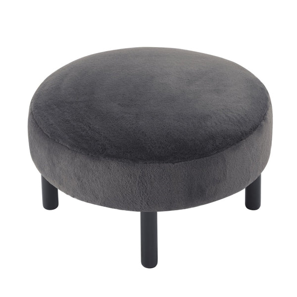 English Elm 27.56" Round Faux Rabbit Fur Ottoman Plush Footrest with Solid Wood Legs for Living Room Dark Gray B347P515715
